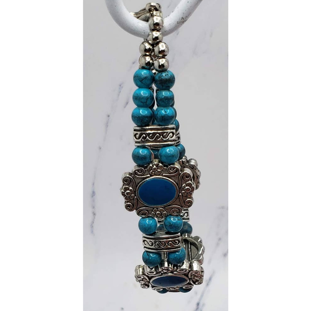 Silver Tone Western Turquoise Beaded Lobster Claw Clasp Bracelet